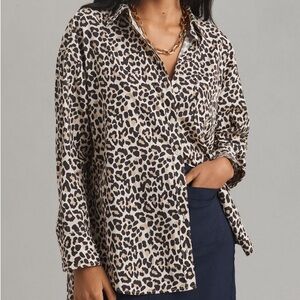 Anthropologie Maeve The Bennet Button Down Shirt Cotton Medium Leopard Tan Black